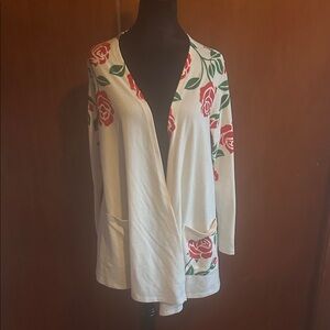 LuLaRoe Cream Cardigan with Red Floral Design